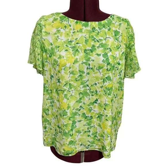 VINCE CAMUTO Floral Ruffle Flutter Short Sleeve Blouse Bright Emerald NWT Medium - Picture 4 of 9